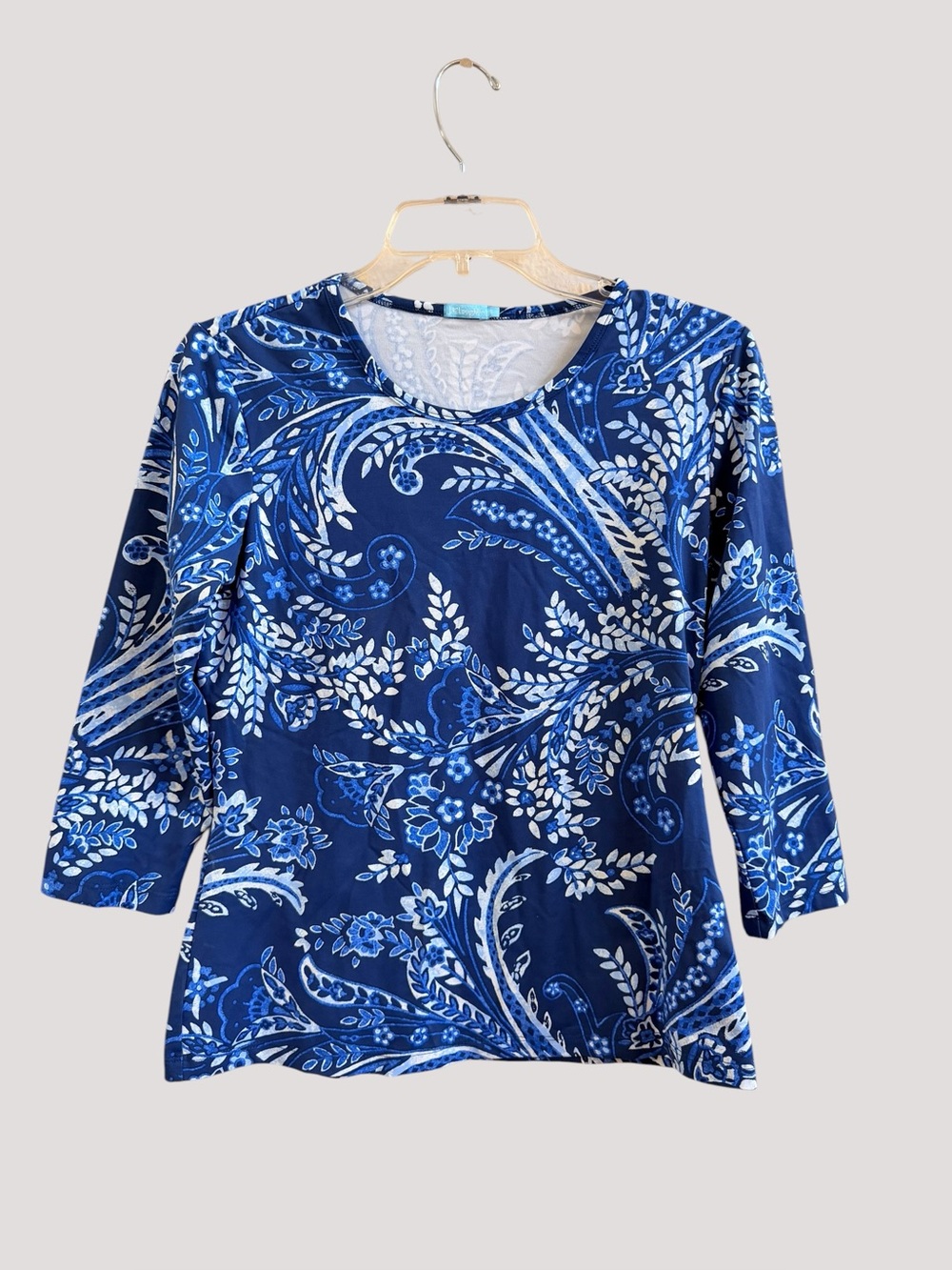 J McLaughlin blue floral crew neck jersey blouse